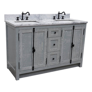 BELLATERRA HOME 400100-55-GYA-WM 55" Double Sink Vanity in Gray Ash with White Carrara Marble, White Rectangle Sinks, Angled View