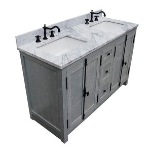 BELLATERRA HOME 400100-55-GYA-WM 55" Double Sink Vanity in Gray Ash with White Carrara Marble, White Rectangle Sinks, Top Angled View