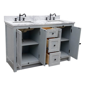 BELLATERRA HOME 400100-55-GYA-WM 55" Double Sink Vanity in Gray Ash with White Carrara Marble, White Rectangle Sinks, Open Doors and Drawers