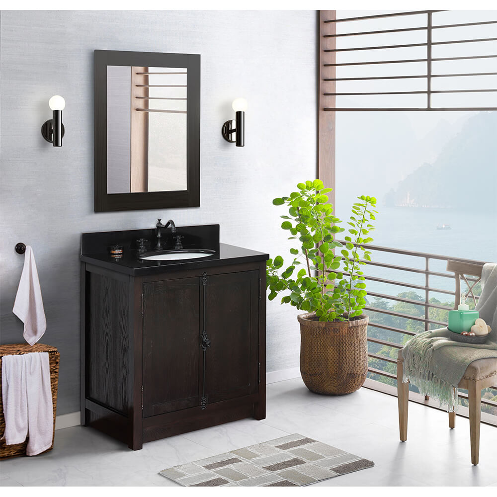 BELLATERRA HOME 400100-BA-BGO 31" Single Sink Vanity in Brown Ash with Black Galaxy Granite, White Oval Sink, Bathroom Rendering