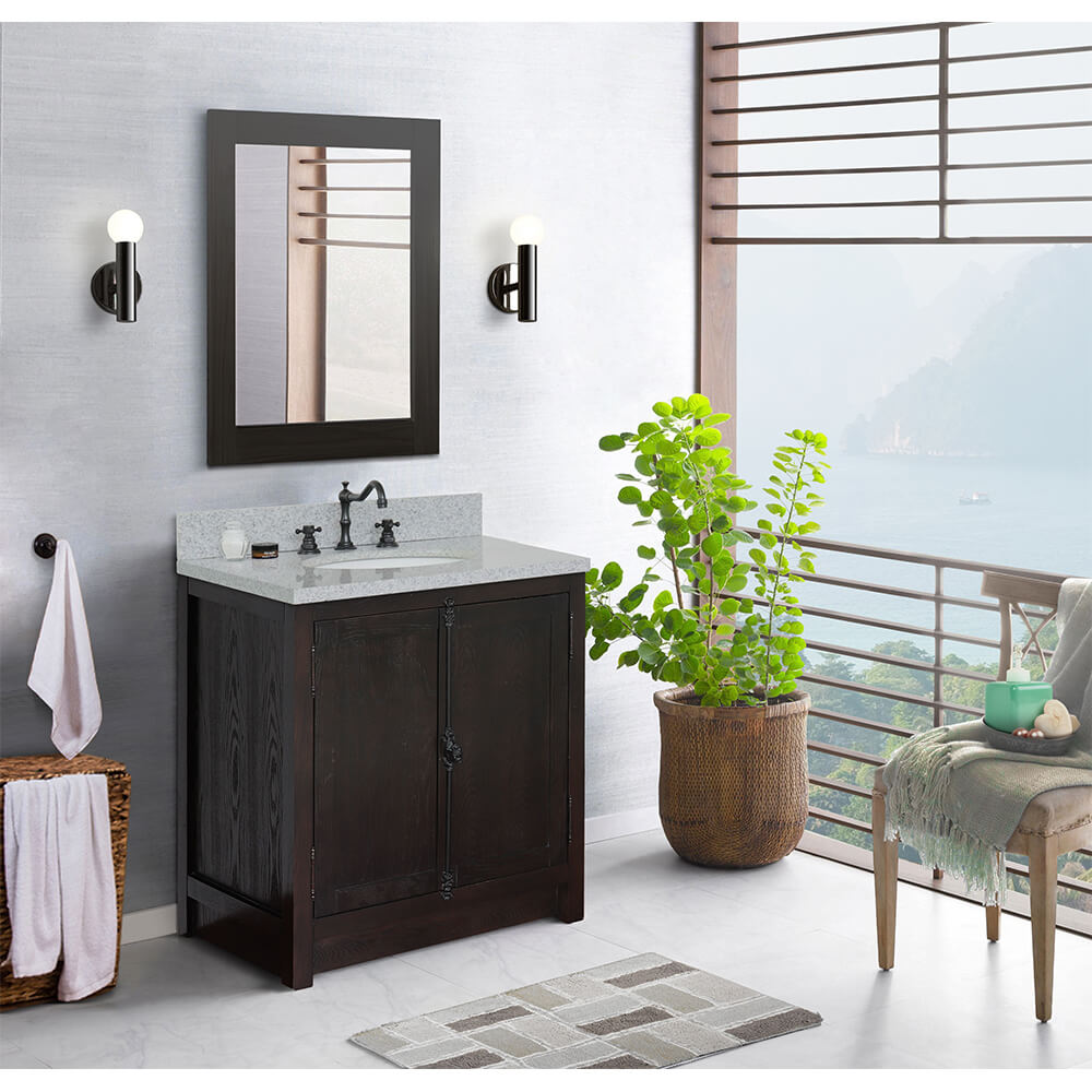 BELLATERRA HOME 400100-BA-GYO 31" Single Sink Vanity in Brown Ash with Gray Granite, White Oval Sink, Bathroom Rendering