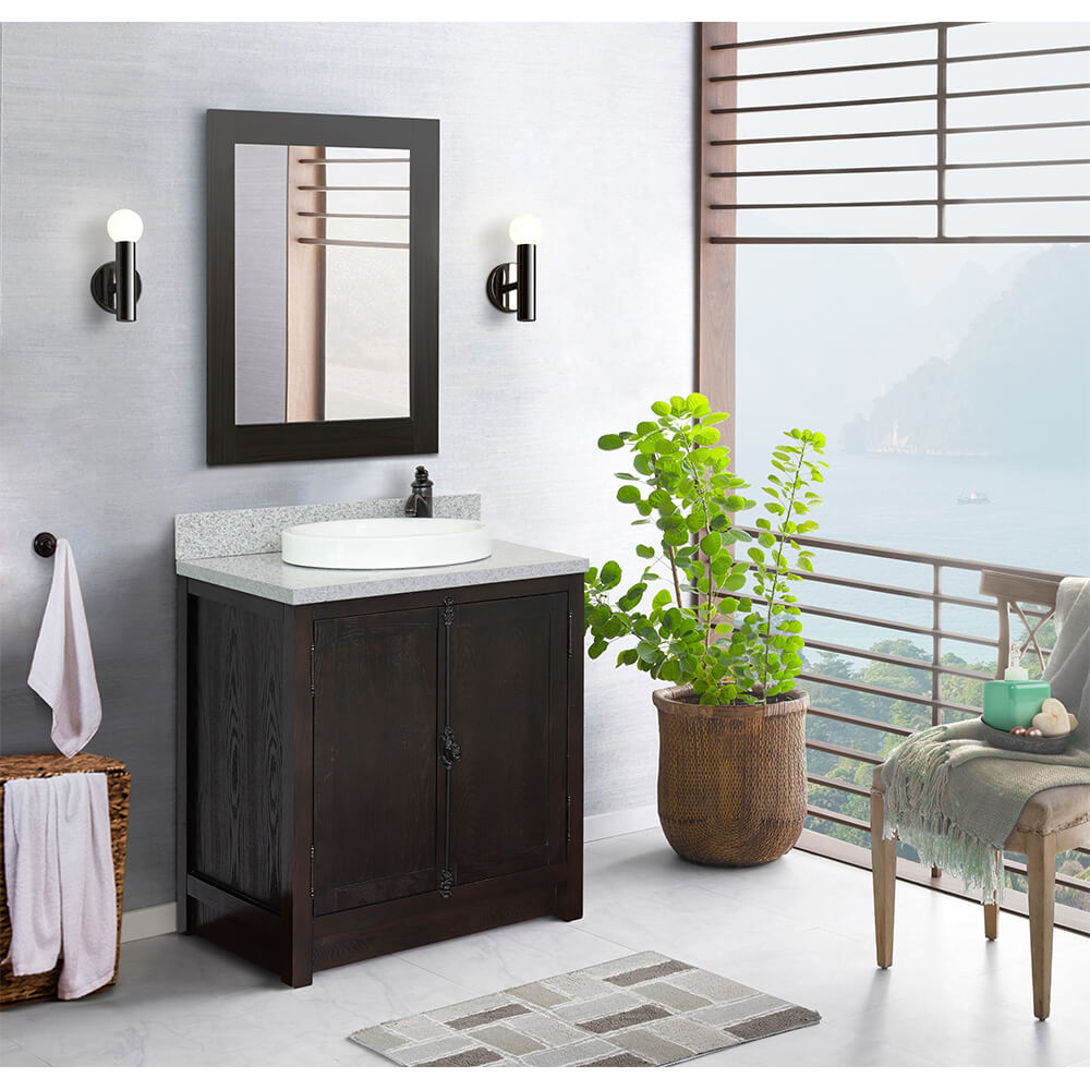 BELLATERRA HOME 400100-BA-GYRD 31" Single Sink Vanity in Brown Ash with Gray Granite, White Round Semi-Recessed Sink, bathroom Rendering