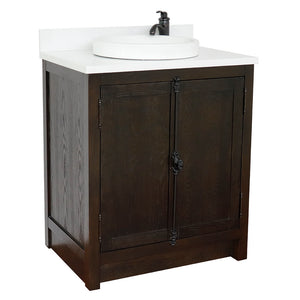 BELLATERRA HOME 400100-BA-WERD 31" Single Sink Vanity in Brown Ash with White Quartz, White Round Semi-Recessed Sink, Angled View