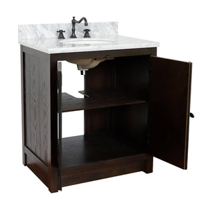 BELLATERRA HOME 400100-BA-WMO 31" Single Sink Vanity in Brown Ash with White Carrara Marble, White Oval Sink, Open Doors
