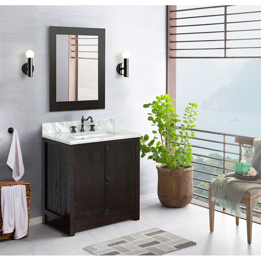 BELLATERRA HOME 400100-BA-WMR 31" Single Sink Vanity in Brown Ash with White Carrara Marble, White Rectangle Sink, Bathroom Rendering