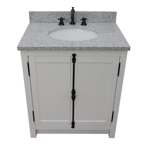 BELLATERRA HOME 400100-GA-GYO 31" Single Sink Vanity in Glacier Ash Finish with Gray Granite Countertop, White Ceramic Oval Sink, Top Angled View