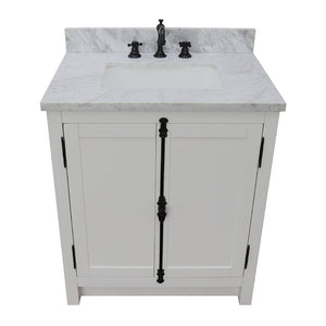 BELLATERRA HOME 400100-GA-WMR 31" Single Sink Vanity in Glacier Ash with White Carrara Marble, White Rectangle Sink, Top Angled View