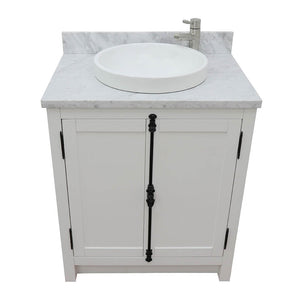 BELLATERRA HOME 400100-GA-WMRD 31" Single Sink Vanity in Glacier Ash with White Carrara Marble, White Round Semi-Recessed Sink, Top Angled View