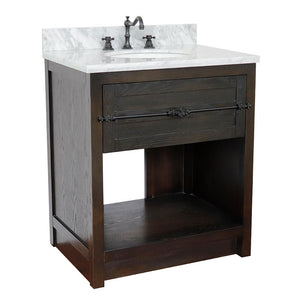 BELLATERRA HOME 400101-BA-WMO 31" Single Sink Vanity in Brown Ash with White Carrara Marble, White Oval Sink, Angled View