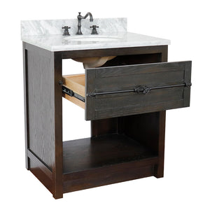 BELLATERRA HOME 400101-BA-WMO 31" Single Sink Vanity in Brown Ash with White Carrara Marble, White Oval Sink, Open Drawer
