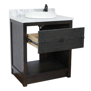 BELLATERRA HOME 400101-BA-WMRD 31" Single Sink Vanity in Brown Ash with White Carrara Marble, White Round Semi-Recessed Sink, Open Drawer
