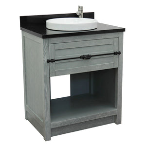 Bellaterra Home 400101-GYA-BGRD 31" Single Sink Vanity in Gray Ash with Black Galaxy Granite, White Round Semi-Recessed Sink, Angled View
