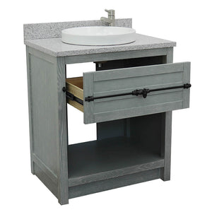 Bellaterra Home 400101-GYA-GYRD 31" Single Sink Vanity in Gray Ash with Gray Granite, White Round Semi-Recessed Sink, Open Drawer