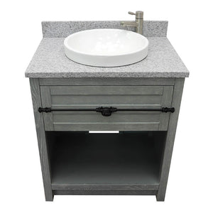 Bellaterra Home 400101-GYA-GYRD 31" Single Sink Vanity in Gray Ash with Gray Granite, White Round Semi-Recessed Sink, Top Angled View