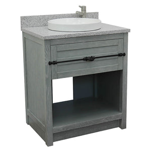 Bellaterra Home 400101-GYA-GYRD 31" Single Sink Vanity in Gray Ash with Gray Granite, White Round Semi-Recessed Sink, Angled View