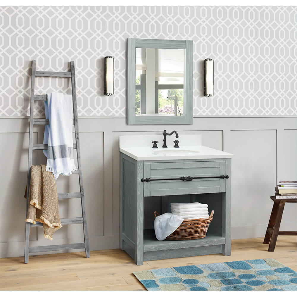 Bellaterra Home 400101-GYA-WEO 31" Single Sink Vanity in Gray Ash with White Quartz, White Oval Sink, Bathroom Rendering