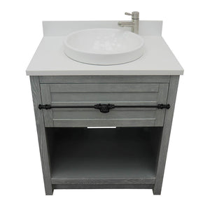 Bellaterra Home 400101-GYA-WERD 31" Single Sink Vanity in Gray Ash with White Quartz, White Round Semi-Recessed Sink, Top Angled View