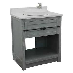 Bellaterra Home 400101-GYA-WERD 31" Single Sink Vanity in Gray Ash with White Quartz, White Round Semi-Recessed Sink, Angled View
