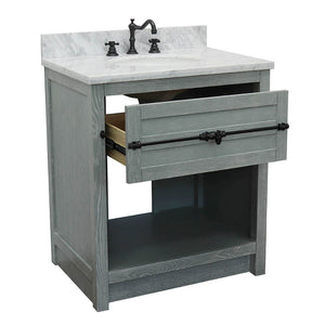 Bellaterra Home 400101-GYA-WMO 31" Single Sink Vanity in Gray Ash with White Carrara Marble, White Oval Sink, Open Drawer