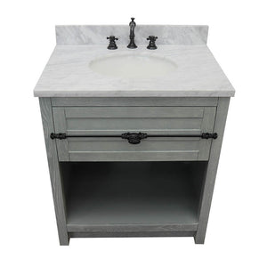 Bellaterra Home 400101-GYA-WMO 31" Single Sink Vanity in Gray Ash with White Carrara Marble, White Oval Sink, Top Angled View