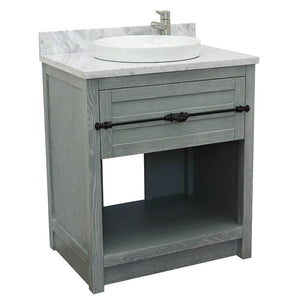 Bellaterra Home 400101-GYA-WMRD 31" Single Sink Vanity in Gray Ash with White Carrara Marble, White Round Semi-Recessed Sink, Angled View