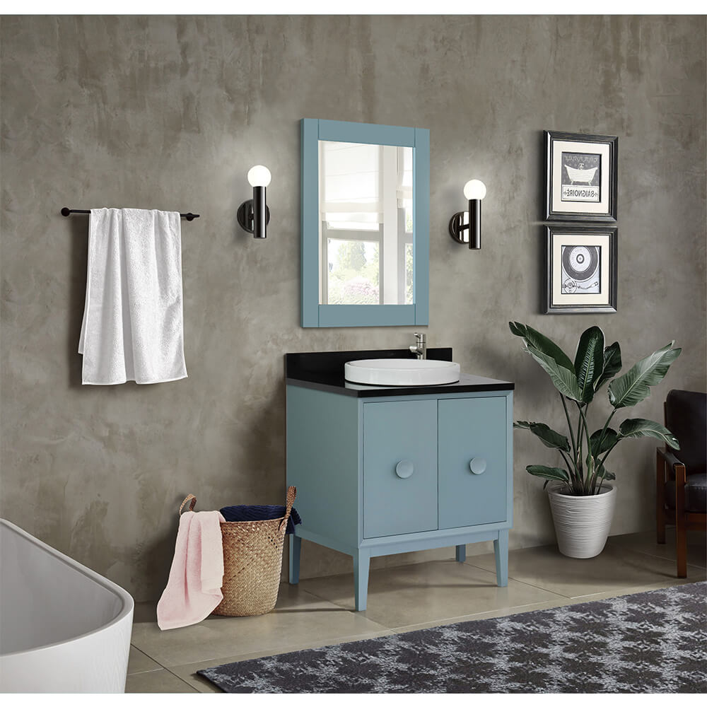 Bellaterra Home 400400-AB-BGRD 31" Single Sink Vanity in Aqua Blue with Black Galaxy Granite, White Round Semi-Recessed Sink, Bathroom Rendering