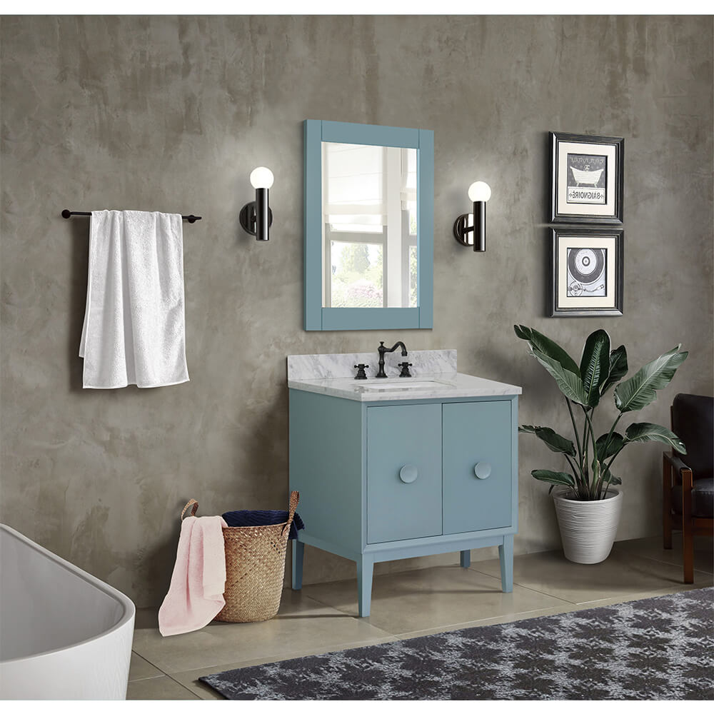 Bellaterra Home 400400-AB-WMR 31" Single Sink Vanity in Aqua Blue with White Carrara Marble, White Rectangle Sink, Bathroom Rendering