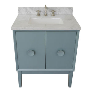 Bellaterra Home 400400-AB-WMR 31" Single Sink Vanity in Aqua Blue with White Carrara Marble, White Rectangle Sink, Top Angled View