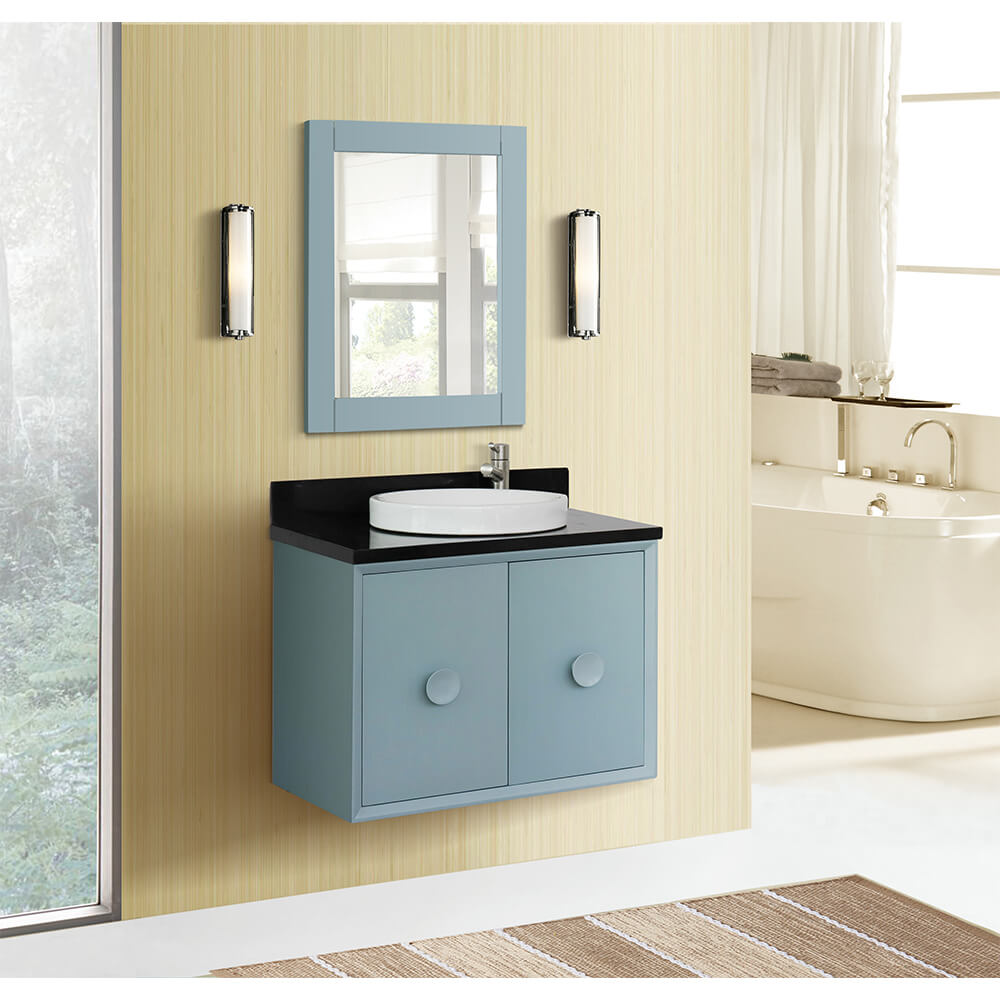 Bellaterra Home 400400-CAB-AB-BGRD 31" Single Sink Vanity in Aqua Blue with Black Galaxy Granite, White Round Semi-Recessed Sink, Bathroom Rendering