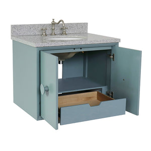 Bellaterra Home 400400-CAB-AB-GYO 31" Single Wall Mounted Vanity in Aqua Blue with Gray Granite, White Oval Sink, Open Doors and Drawer