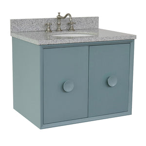 Bellaterra Home 400400-CAB-AB-GYO 31" Single Wall Mounted Vanity in Aqua Blue with Gray Granite, White Oval Sink, Angled View