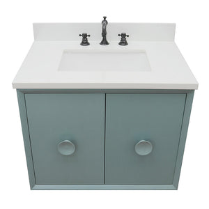 Bellaterra Home 400400-CAB-AB-WER 31" Single Wall Mounted Vanity in Aqua Blue with White Quartz, White Rectangle Sink, Top Angled View