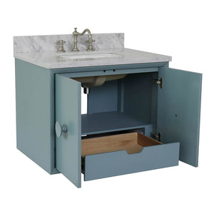 Bellaterra Home 400400-CAB-AB-WMR 31" Single Wall Mounted Vanity in Aqua Blue with White Carrara Marble, White Rectangle Sink, Open Doors and Drawer