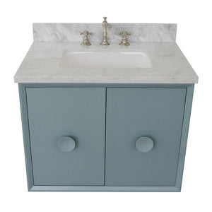 Bellaterra Home 400400-CAB-AB-WMR 31" Single Wall Mounted Vanity in Aqua Blue with White Carrara Marble, White Rectangle Sink, Top Angled View