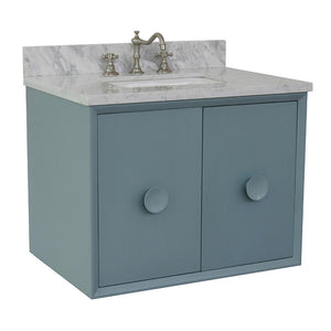 Bellaterra Home 400400-CAB-AB-WMR 31" Single Wall Mounted Vanity in Aqua Blue with White Carrara Marble, White Rectangle Sink, Angled View