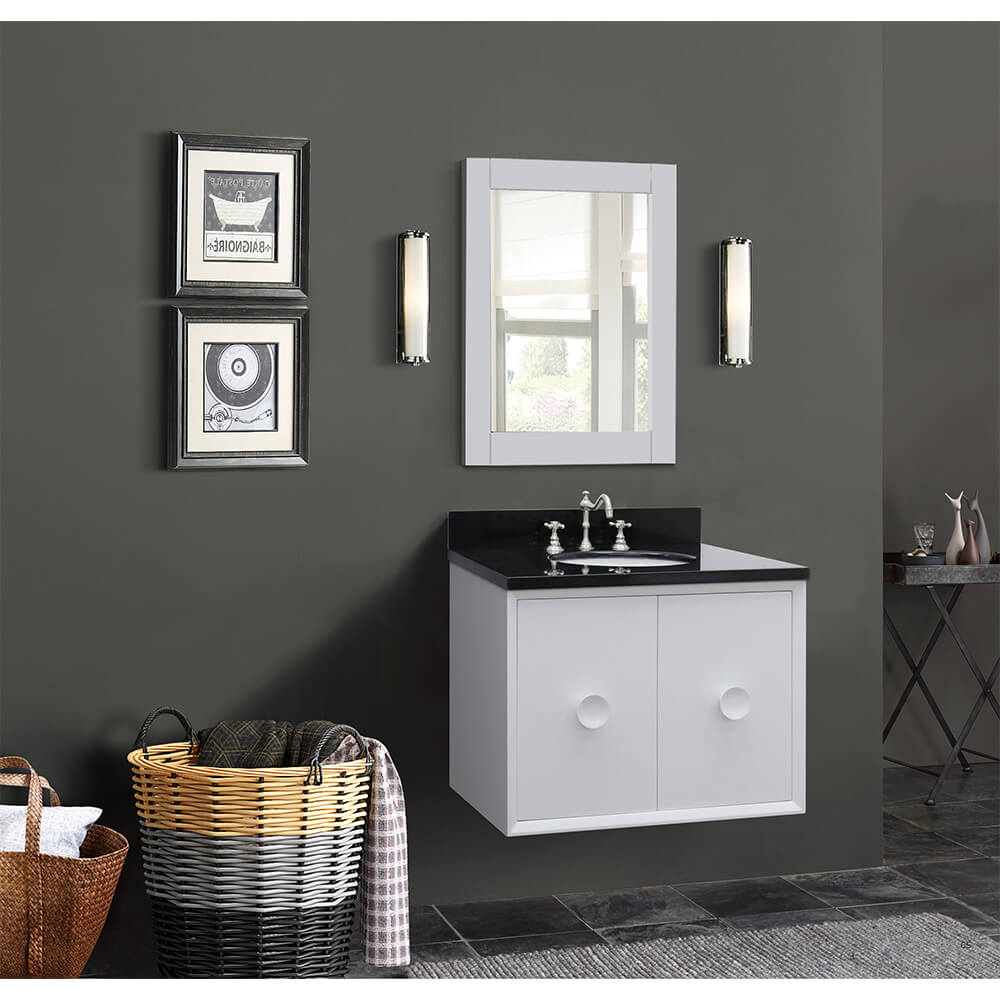 Bellaterra Home 400400-CAB-WH-BGO 31" Single Wall Mount Vanity in White with Black Galaxy Granite, White Oval Sink, Bathroom Rendering