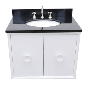 Bellaterra Home 400400-CAB-WH-BGO 31" Single Wall Mount Vanity in White with Black Galaxy Granite, White Oval Sink, Top Angled View