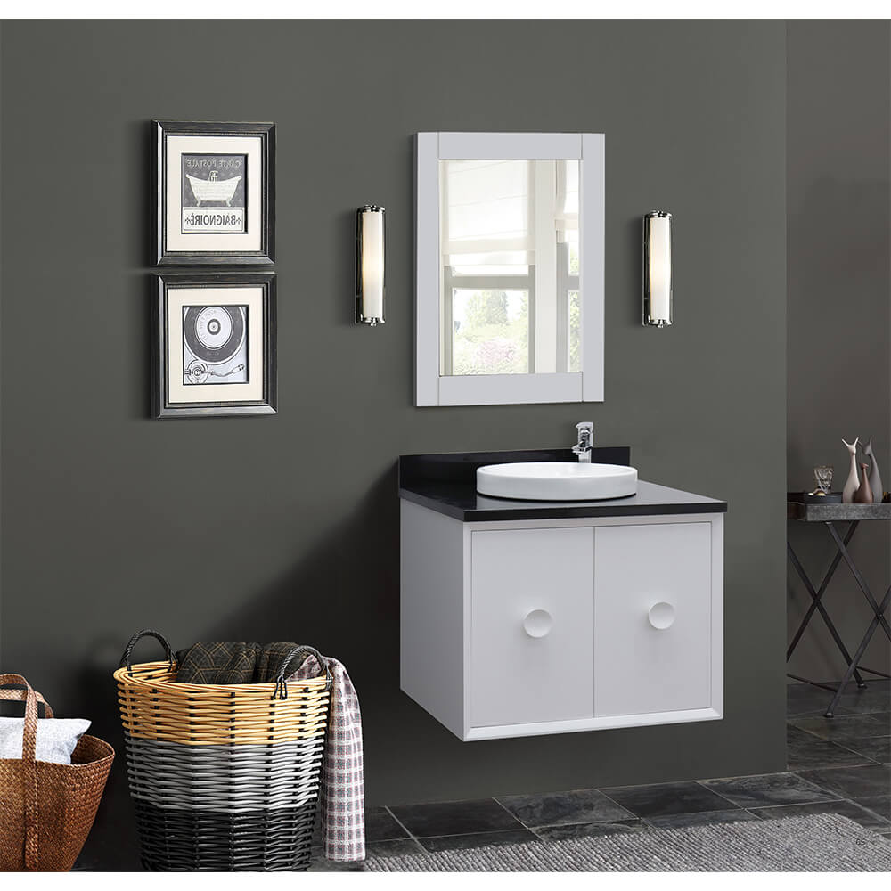 Bellaterra Home 400400-CAB-WH-BGRD 31" Single Wall Mount Vanity in White with Black Galaxy Granite, White Round Semi-Recessed Sink, Bathroom Rendering