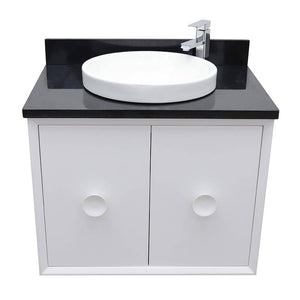 Bellaterra Home 400400-CAB-WH-BGRD 31" Single Wall Mount Vanity in White with Black Galaxy Granite, White Round Semi-Recessed Sink, Top Angled View