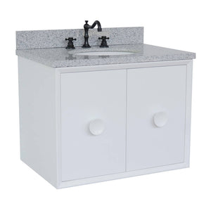 Bellaterra Home 400400-CAB-WH-GYO 31" Single Wall Mount Vanity in White with Gray Granite, White Oval Sink, Angled View