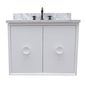 Bellaterra Home 400400-CAB-WH-WMR 31" Single Wall Mount Vanity in White with White Carrara Marble, White Rectangle Sink, Front View