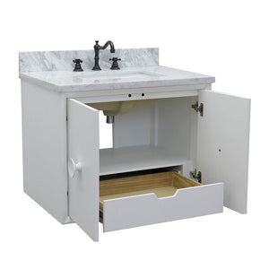 Bellaterra Home 400400-CAB-WH-WMR 31" Single Wall Mount Vanity in White with White Carrara Marble, White Rectangle Sink, Open Doors and Drawer