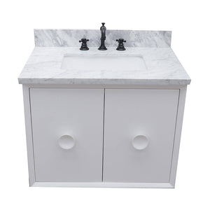 Bellaterra Home 400400-CAB-WH-WMR 31" Single Wall Mount Vanity in White with White Carrara Marble, White Rectangle Sink, Top Angled View