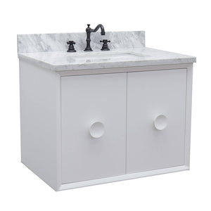 Bellaterra Home 400400-CAB-WH-WMR 31" Single Wall Mount Vanity in White with White Carrara Marble, White Rectangle Sink, Angled View