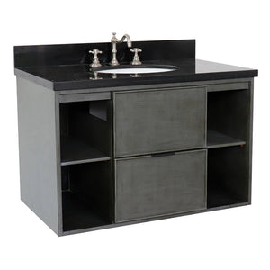Bellaterra Home 400502-CAB-LY-BGO 37" Single Wall Mount Vanity in Gray Linen with Black Galaxy Granite, White Oval Sink, Angled View