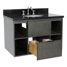 Load image into Gallery viewer, Bellaterra Home 400502-CAB-LY-BGO 37&quot; Single Wall Mount Vanity in Gray Linen with Black Galaxy Granite, White Oval Sink, Open Drawer