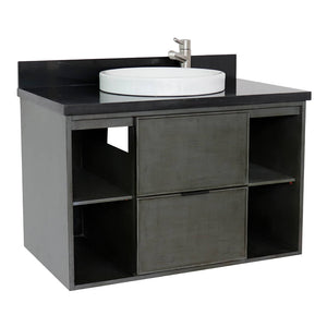 Bellaterra Home 400502-CAB-LY-BGRD 37" Single Wall Mounted Vanity in Gray Linen with Black Galaxy Granite, White Round Semi-Recessed Sink, Angled View