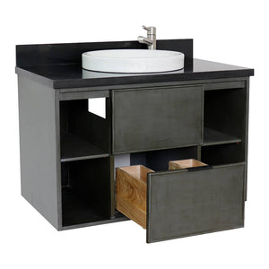 Bellaterra Home 400502-CAB-LY-BGRD 37" Single Wall Mounted Vanity in Gray Linen with Black Galaxy Granite, White Round Semi-Recessed Sink, Open Drawer