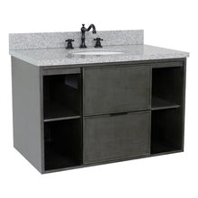 Load image into Gallery viewer, Bellaterra Home 400502-CAB-LY-GYO 37&quot; Single Wall Mounted Vanity in Gray Linen with Gray Granite, White Oval Sink, Angled View