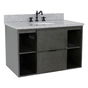 Bellaterra Home 400502-CAB-LY-GYO 37" Single Wall Mounted Vanity in Gray Linen with Gray Granite, White Oval Sink, Angled View